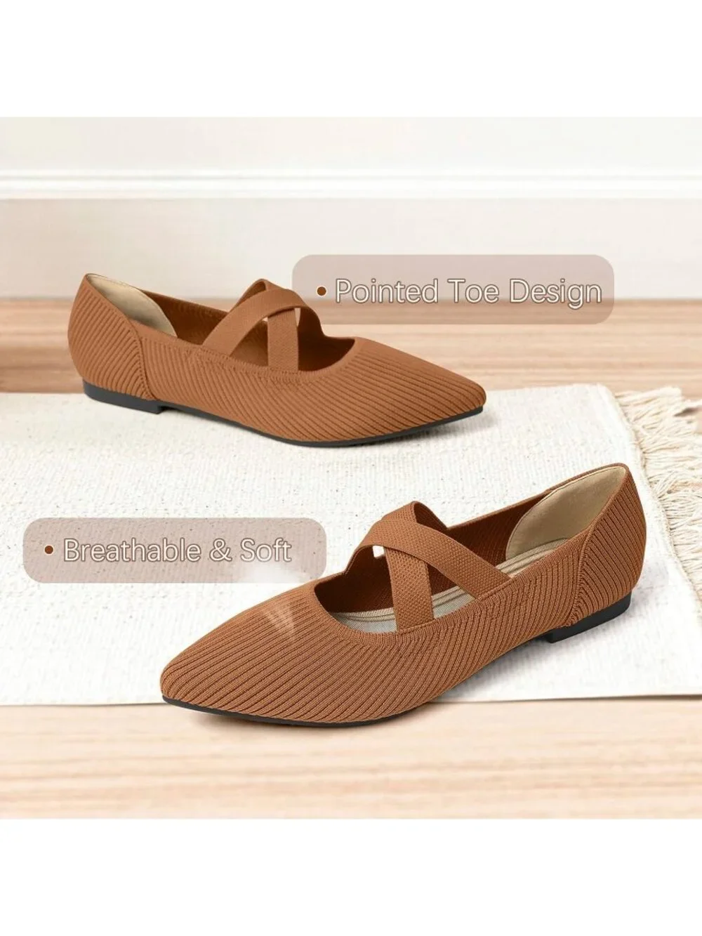 Women's Brown Pointed Toe Comfortable Mary Jane Slip-On Knit Ballet Flat Shoes